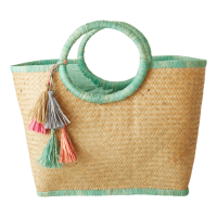 Raffia Shopping Basket in Sage Green with Tassels By Rice DK